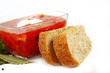 borsch in glass dish. Isolated over white. Shallow DOF