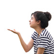 Portrait of pretty young woman holding her hands out and present Portrait of pretty young woman holding her hands out and present