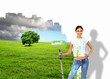 Young woman with paint brush and natural landscape Young woman with paint brush and natural landscape