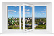 White plastic triple door window with city view through glass.