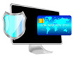 Computer with shield and credit card. Protected online payment Computer with shield and credit card. Protected online payment