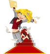 Vector: happy worker with documents on beginning success ladder happy worker with documents on beginning success ladder