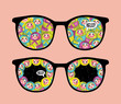 Retro eyeglasses with crazy dolls reflection in it.