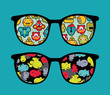 Retro sunglasses with robots and monsters reflection in it. Retro sunglasses with robots and monsters reflection in it.
