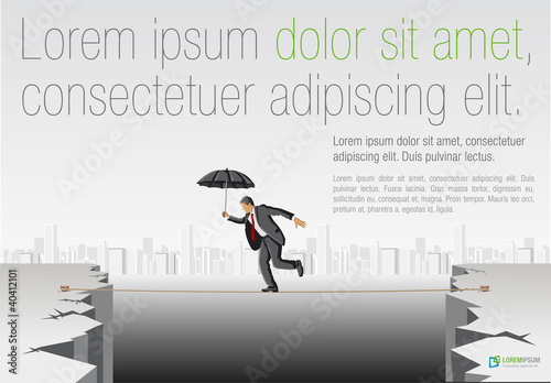 Vector: Business man crossing abyss on a high tightrope holding umbrella Business man crossing abyss on a high tightrope holding umbrella