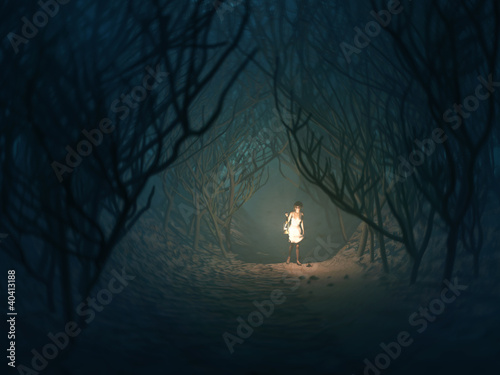 Illustration: woman with lamp in the dark forest woman with lamp in the dark forest