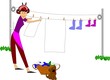 retro mom hanging clothes outside on clothesline