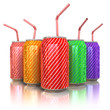 colorful aluminum cans with straws on white background