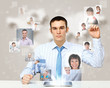 Illustration: Business person against technology background Business person against technology background