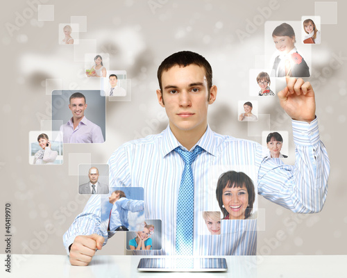 Illustration: Business person against technology background Business person against technology background