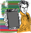 Sketch of Handsome guy showing his Modern Smartphone. Vector