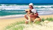 Male owner sitting on a beach with a dog