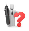 3d businessman with pen and question 3d businessman with pen and question