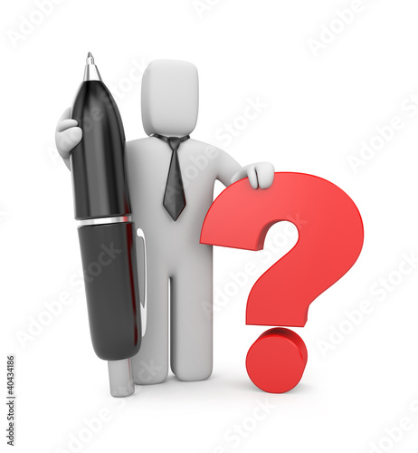Illustration: 3d businessman with pen and question 3d businessman with pen and question
