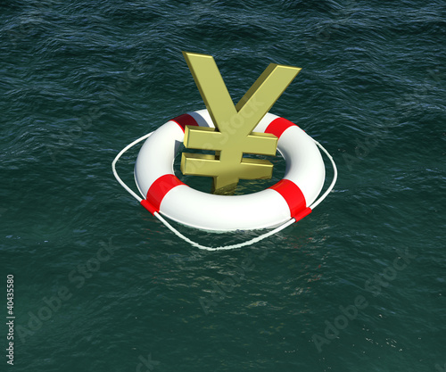 Illustration: Sign of Japanese yen in terms of rescue floats on water Sign of Japanese yen in terms of rescue floats on water