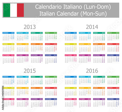 Vector: 2013-2016 Type-1 Italian Calendar Mon-Sun on white background 2013-2016 Type-1 Italian Calendar Mon-Sun on white background