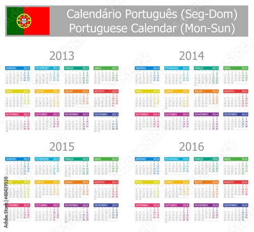 Vector: 2013-2016 Type-1 Portuguese Calendar Mon-Sun on white background 2013-2016 Type-1 Portuguese Calendar Mon-Sun on white background