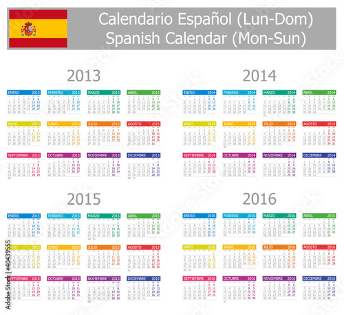 Vector: 2013-2016 Type-1 Spanish Calendar Mon-Sun on white background 2013-2016 Type-1 Spanish Calendar Mon-Sun on white background