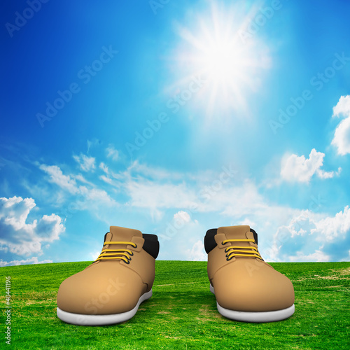 Illustration: Shoes on green field. Adventure, trip concept Shoes on green field. Adventure, trip concept