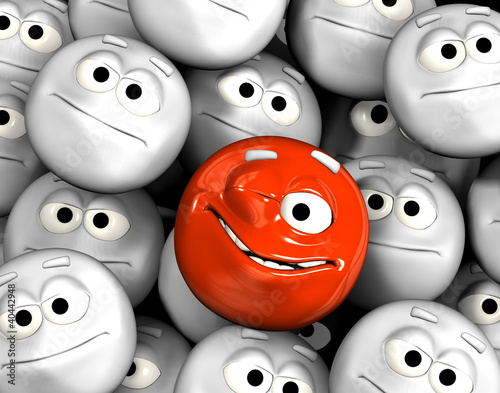Illustration: Happy smiling emoticon face among others Happy smiling emoticon face among others