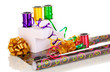 Paper, ribbon and bows for presents isolated white