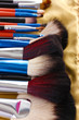 Set of make-up brushes in golden leather case close up