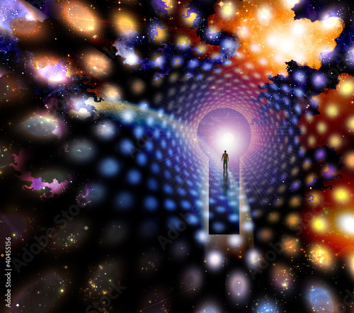 Illustration: Man before giant keyhole in space abstract Man before giant keyhole in space abstract