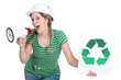 Female builder encouraging people to recycle