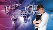 Young woman against world map background