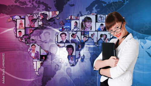 Illustration: Young woman against world map background Young woman against world map background