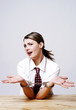 Businesswoman being handcuffed.