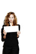 Businesswoman holding a blank piece of paper.