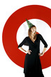 Businesswoman wearing party hat.