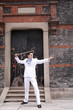 Businessman practicing martial art.