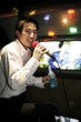 Businessman singing karaoke