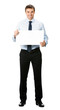 Businessman showing blank signboard, isolated