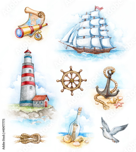 Illustration: Set of nautical watercolor illustrations Set of nautical watercolor illustrations
