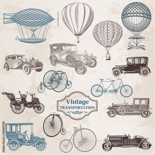 Vector: Vector Set: Vintage Transportation - collection of old-fashioned Vector Set: Vintage Transportation - collection of old-fashioned