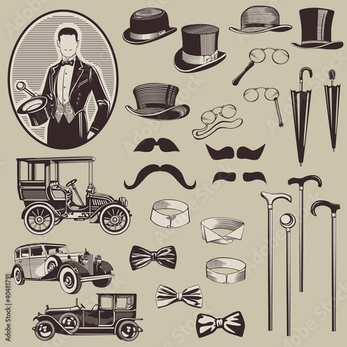 Vector: Gentlemen's Accessories and Old Cars - vector set- High Quality Gentlemen's Accessories and Old Cars - vector set- High Quality