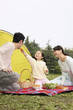 Girl feeding man with biscuit, woman watching