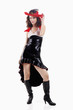 Woman in black vinyl lace gown