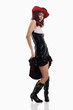 Woman in black vinyl lace gown