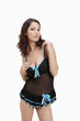 Woman in black mesh chemise with hook-n-eye keyhole back and blue lining