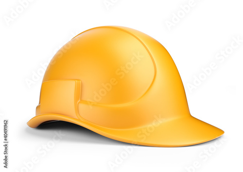 Illustration: Yellow hardhat 3D. Construction tool. Icon isolated on white bac Yellow hardhat 3D. Construction tool. Icon isolated on white bac