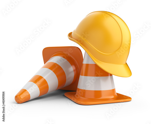 Illustration: Traffic cones and hardhat. Road sign. Icon isolated on white bac Traffic cones and hardhat. Road sign. Icon isolated on white bac