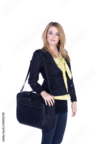 Photo: Geschäftsfrau mit Laptop Tasche blickt Geschäftsfrau mit Laptop Tasche blickt