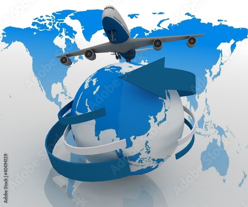 Illustration: 3d passenger jet airplane travels around the world 3d passenger jet airplane travels around the world