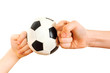 Children fists rested in little soccer ball isolated on white