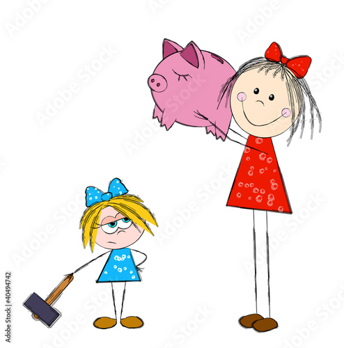 Vector: Younger sister with a hammer wants to break a piggy bank Younger sister with a hammer wants to break a piggy bank