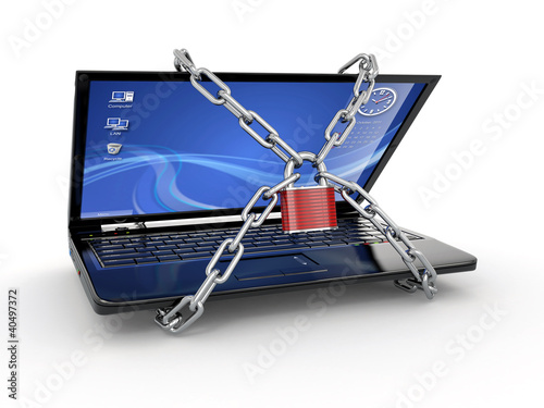 Illustration: Pc security. Laptop with chain and lock Pc security. Laptop with chain and lock